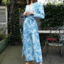 Aaliyah Blue Placement Long Sleeve Maxi Dress