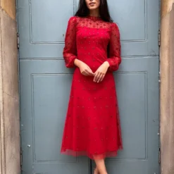 Adele Red Beaded Midi Dress