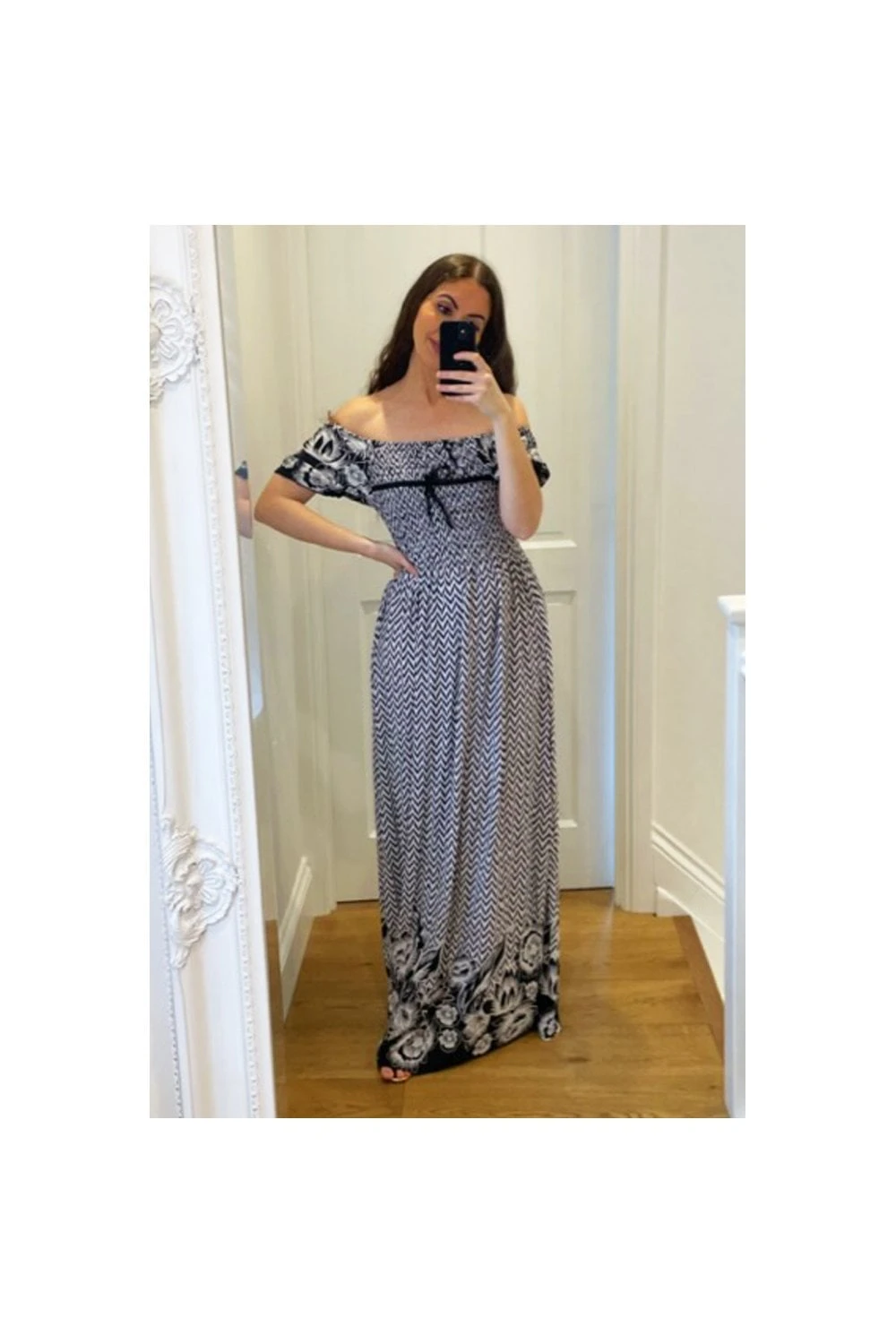 Bardot Maxi Dress In Black Floral Hem ZigZag Print 1 Bardot Maxi Dress In Black Floral Hem ZigZag Print