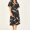 Yumi Black Crane Print Kimono Midi Dress