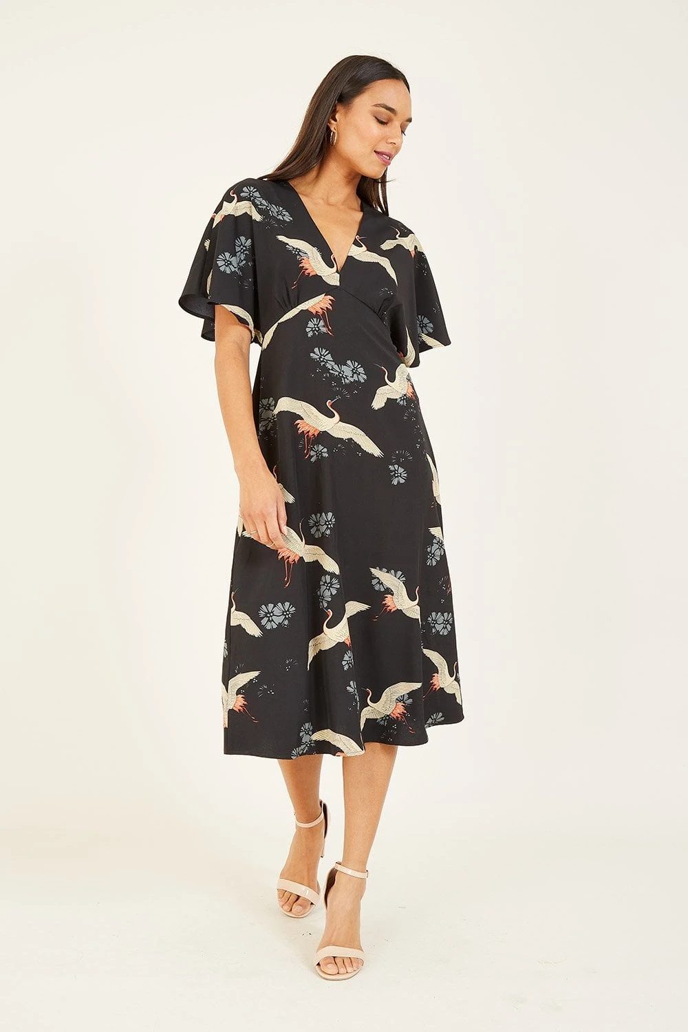 Yumi Black Crane Print Kimono Midi Dress 1 Yumi Black Crane Print Kimono Midi Dress