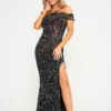 Black-Gold Sequin One Strap Shoulder Maxi Dress
