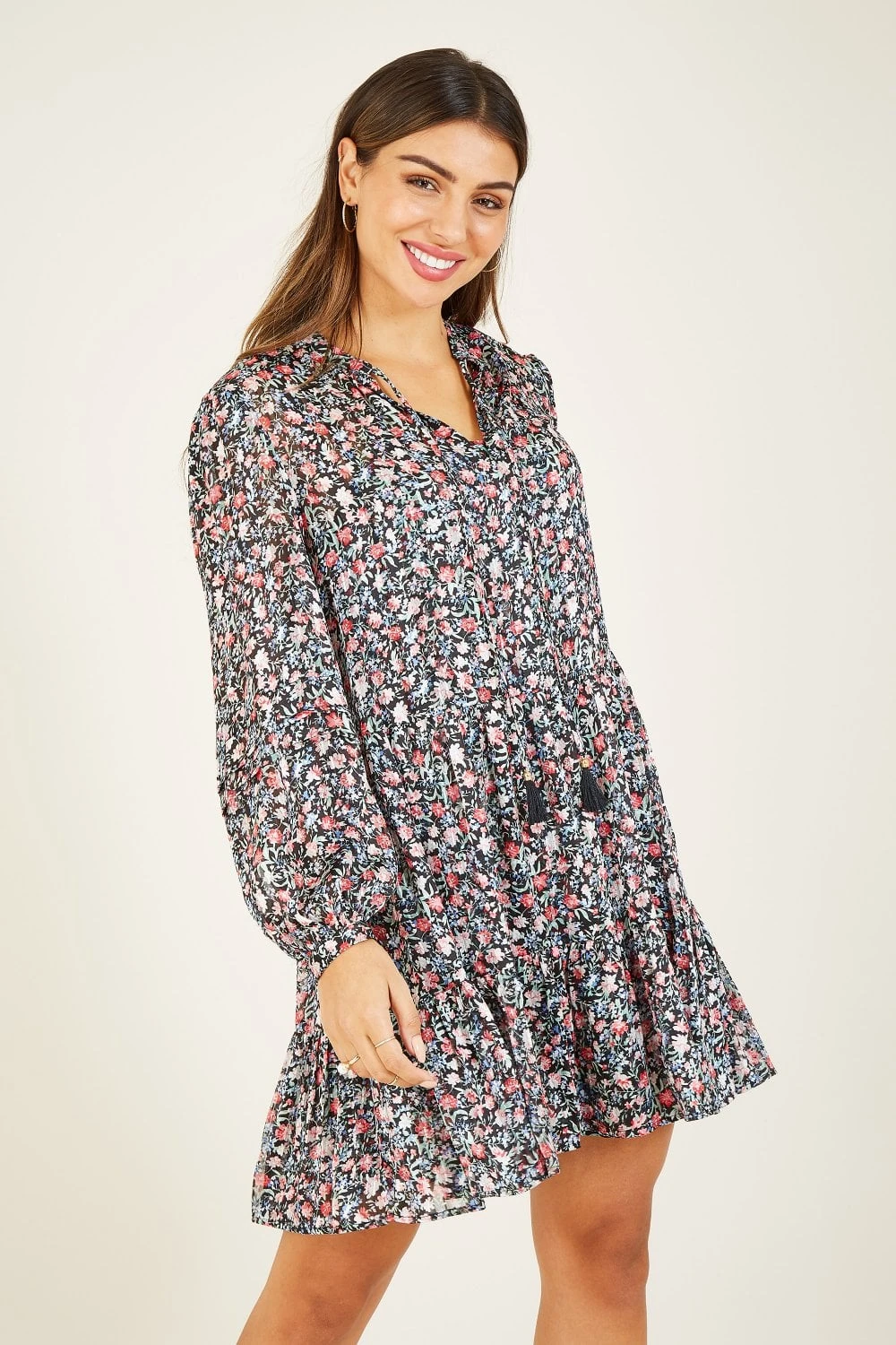 Yumi Black Lurex Rose Boho Tunic Dress 1 Yumi Black Lurex Rose Boho Tunic Dress