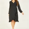 Yumi Black Spotted Frill Wrap Dress