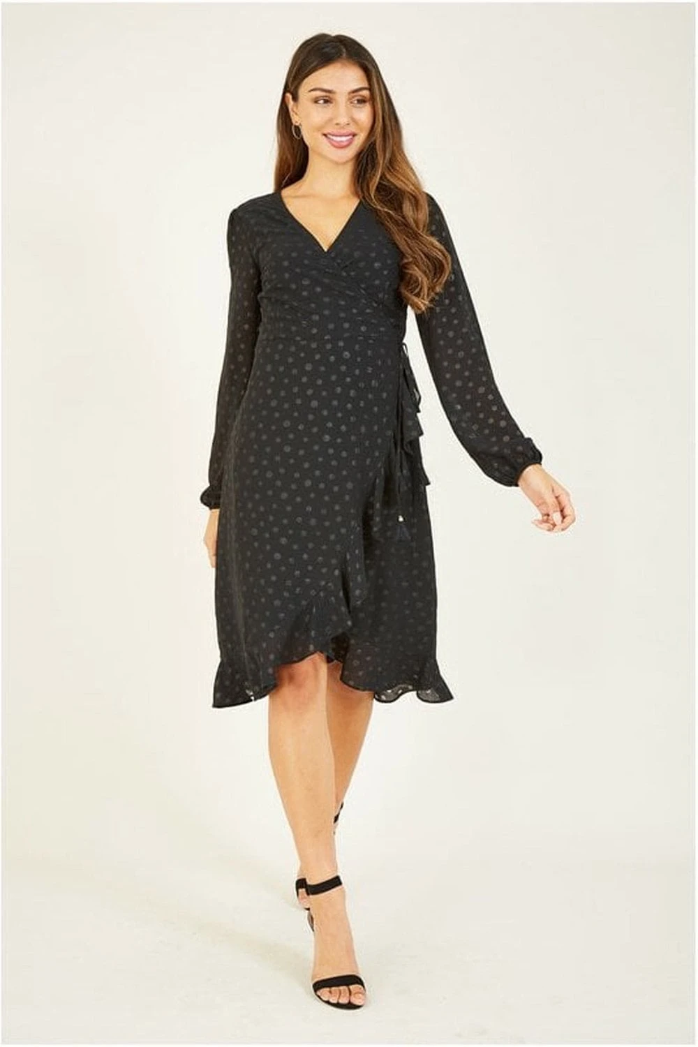 Yumi Black Spotted Frill Wrap Dress 1 Yumi Black Spotted Frill Wrap Dress