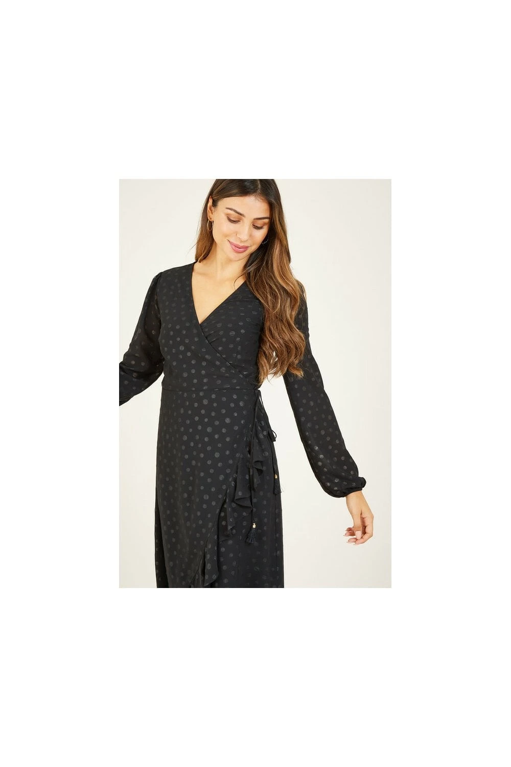Yumi Black Spotted Frill Wrap Dress 2 Yumi Black Spotted Frill Wrap Dress - Image 2