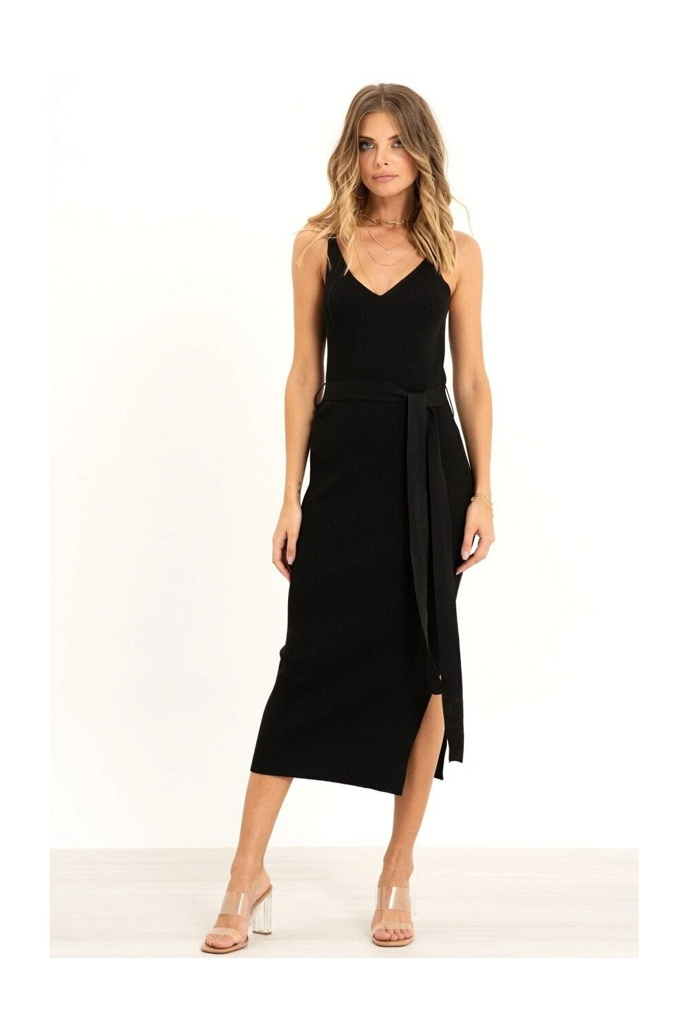 Black V-Neck Belted Midi Dress 1 Black V-Neck Belted Midi Dress