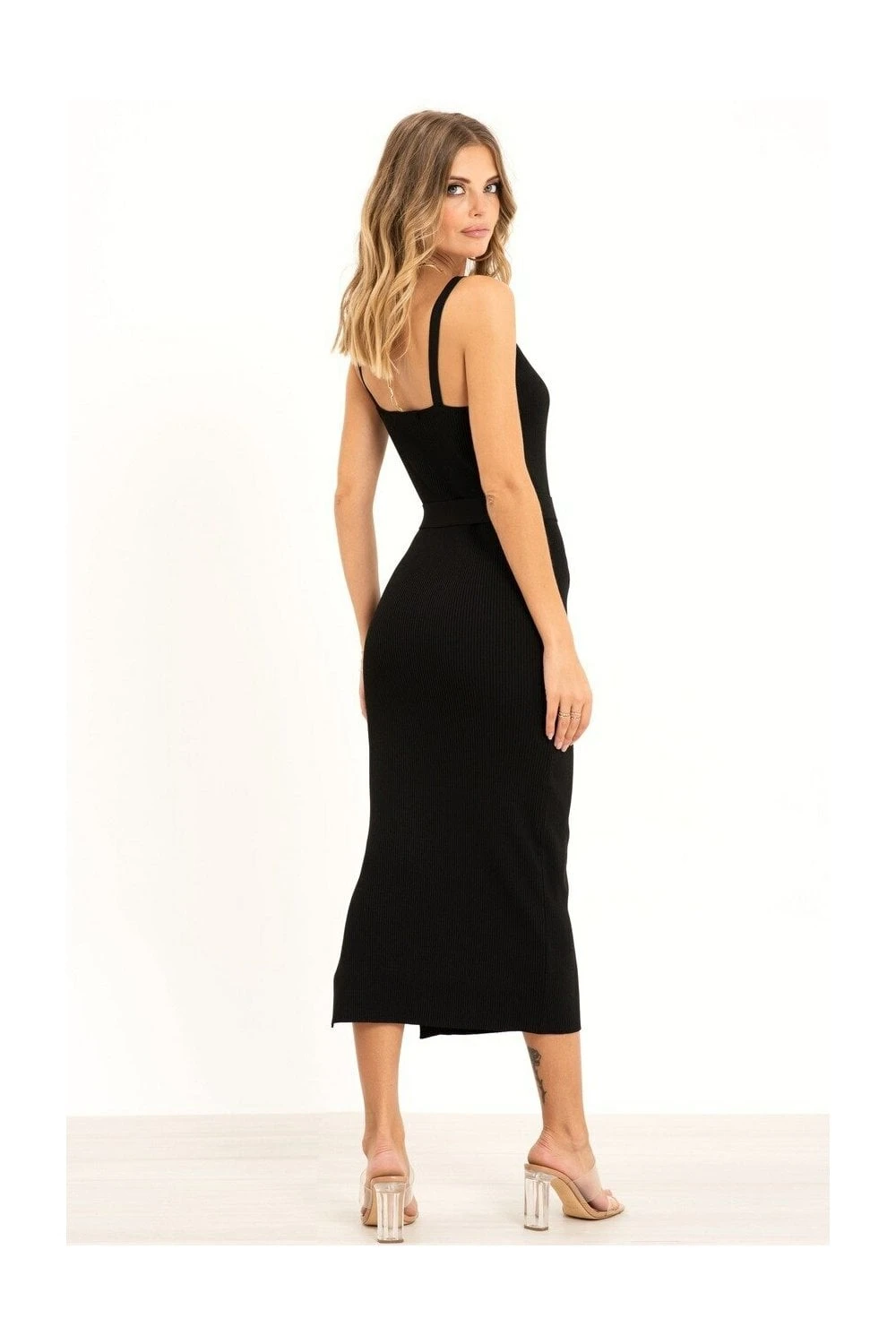 Black V-Neck Belted Midi Dress 4 Black V-Neck Belted Midi Dress - Image 4