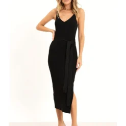 Black V-Neck Belted Midi Dress 9 Black V-Neck Belted Midi Dress -Cheap My Dreamy Dress Store black v neck belted midi dress p7524 67410 image