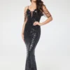 Black V-Neck Jewelled Shoulder Sequin Maxi Dress