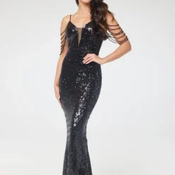 Black V-Neck Jewelled Shoulder Sequin Maxi Dress