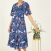 Yumi Blue Crane Print Wrap Midi Dress