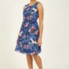 Yumi Blue Crane Tie Skater Dress
