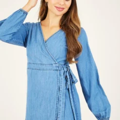 Yumi Blue Denim Long Sleeve Wrap Dress -Cheap My Dreamy Dress Store blue denim long sleeve wrap dress p7381 113830 image