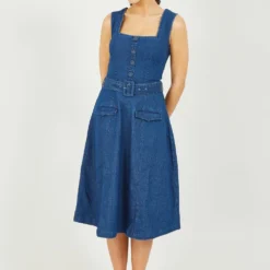 Yumi Blue Denim Stretch Fit And Flare Dress W