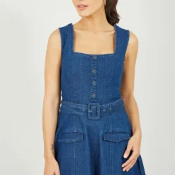 Yumi Blue Denim Stretch Fit And Flare Dress W -Cheap My Dreamy Dress Store blue denim stretch fit and flare dress w p10410 110638 image