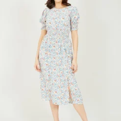 Blue Ditsy Floral Shirred Waist Midi Dress