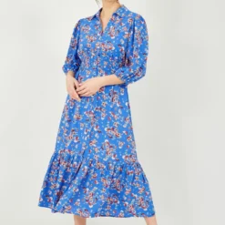 Yumi Blue Floral Midi Shirt Dress