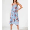 Blue Floral Print Pleated Midi Dress