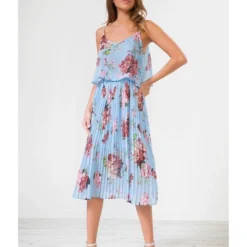 Blue Floral Print Pleated Midi Dress