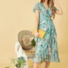 Yumi Blue Frill Crane Wrap Midi Dress