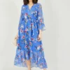 Yumi Blue Oriental Butterfly Wrap High Dress