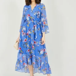 Yumi Blue Oriental Butterfly Wrap High Dress
