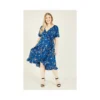 Blue Plus Size Bird Print Frill Wrap Dress
