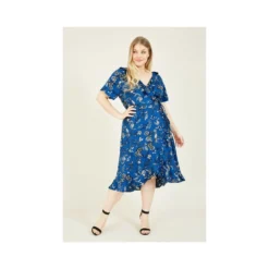 Blue Plus Size Bird Print Frill Wrap Dress -Cheap My Dreamy Dress Store blue plus size bird print frill wrap dress p7411 66923 image