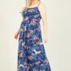 Blue Plus Size Crane Print Maxi Dress