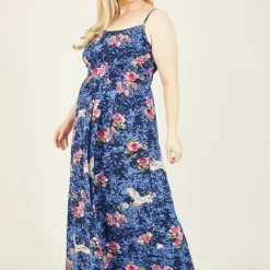 Blue Plus Size Crane Print Maxi Dress