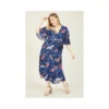 Blue Plus Size Crane Print Wrap Midi Dress