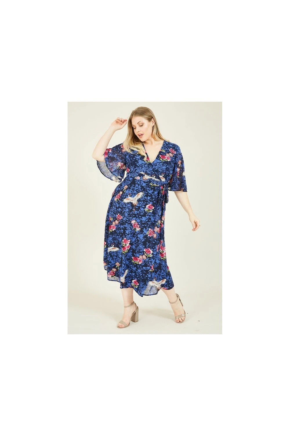 Blue Plus Size Crane Print Wrap Midi Dress 1 Blue Plus Size Crane Print Wrap Midi Dress