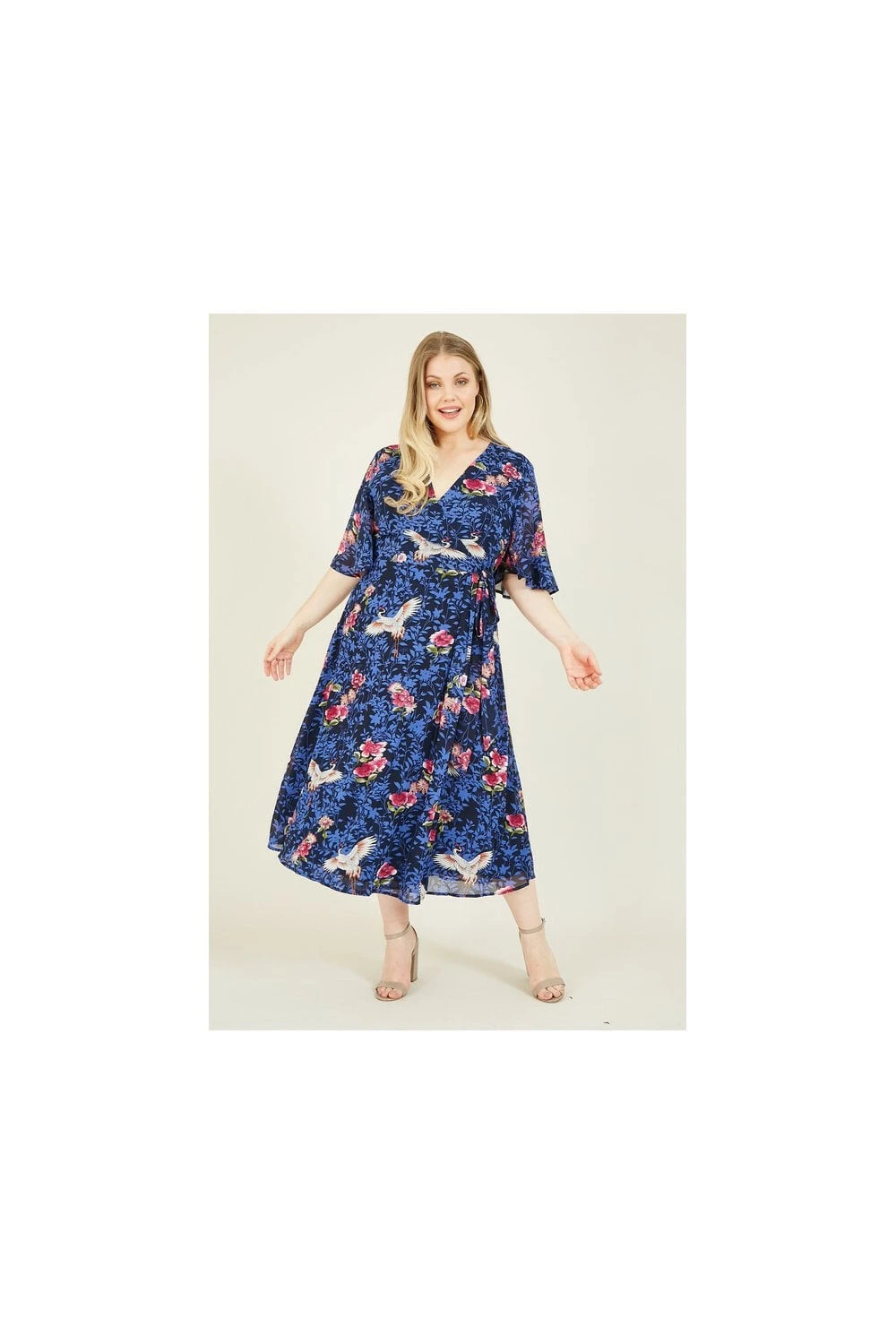 Blue Plus Size Crane Print Wrap Midi Dress 2 Blue Plus Size Crane Print Wrap Midi Dress - Image 2