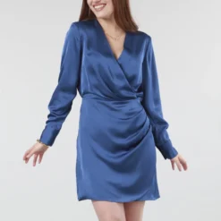 Blue Satin Pleated Wrap Front Dress -Cheap My Dreamy Dress Store blue satin pleated wrap front dress p19825 147790 image