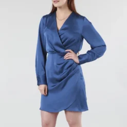 Blue Satin Pleated Wrap Front Dress -Cheap My Dreamy Dress Store blue satin pleated wrap front dress p19825 147795 image
