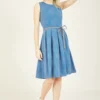 Yumi Blue Spotted Skater Dress With Contrast Belt