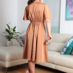 Bronze A-Line Satin Wrap Dress With Tea Sleeves -Cheap My Dreamy Dress Store bronze a line satin wrap dress with tea sleeves p23037 161381 image