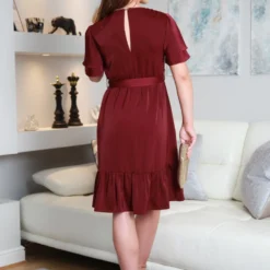 Burgundy Red Satin Double Tea Sleeve Wrap Dress -Cheap My Dreamy Dress Store burgundy red satin double tea sleeve wrap dress p19815 147766 image