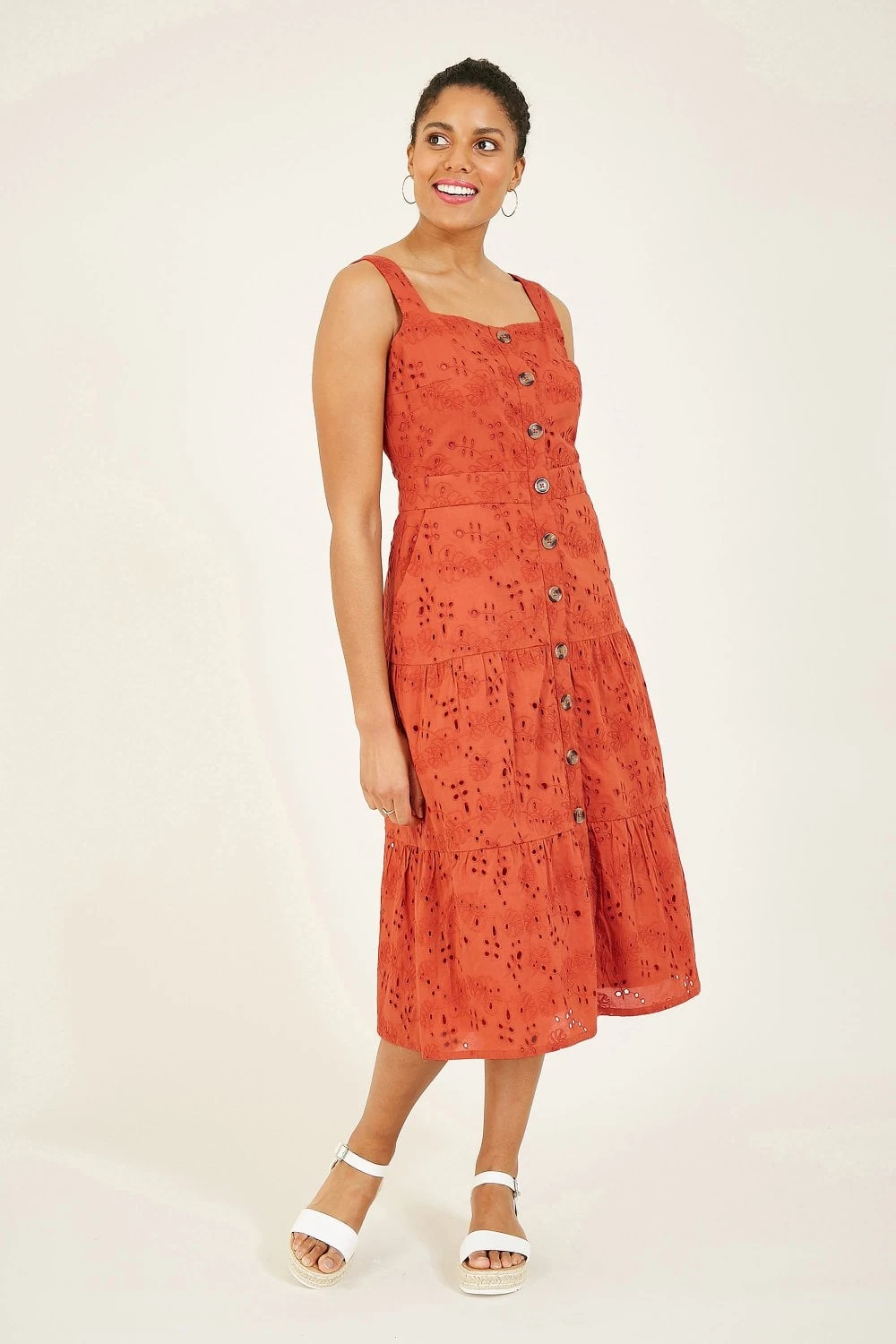 Yumi Burnt Orange Cotton Broderie Anglaise Dress 4 Yumi Burnt Orange Cotton Broderie Anglaise Dress - Image 4