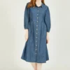 Yumi Chambray Shirt Dress With Puff Sleeves