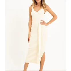 Cream V-Neck Belted Midi Dress -Cheap My Dreamy Dress Store cream v neck belted midi dress p7523 67405 image