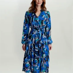 Daviana Neck Button Front Dress With Tiered Skirt