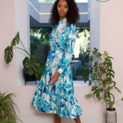 Erin Blue Long Sleeve Belted Maxi Dress
