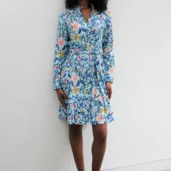 Floral Long Sleeve Mini Shirt Dress In Blue