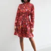 Floral Long Sleeved Button Through Mini Summer Dress In Orange