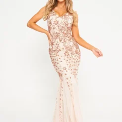 Floral Mesh Sequin Evening Maxi Dress