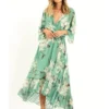 Yumi Floral Print Kimono Mint Midi Wrap Dress