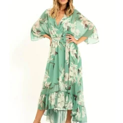 Yumi Floral Print Kimono Mint Midi Wrap Dress -Cheap My Dreamy Dress Store floral print kimono mint midi wrap dress p9150 103873 image