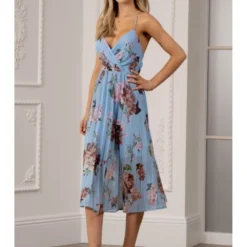Floral Print Pleated Wrap Body Midi Dress